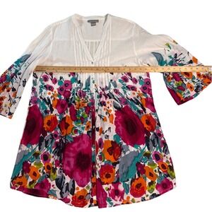 Peppermint Bay Womens Tunic Top Floral Print White Bell Sleeve V-Neck Size L